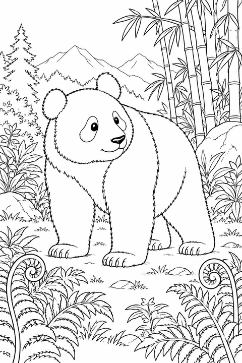 A giant panda stands among curled fern fronds, bamboo and rocks, with mountains behind.
