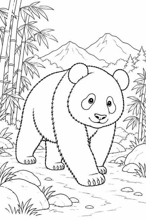 A giant panda walks along a rocky path between bamboo, with mountains in the distance.