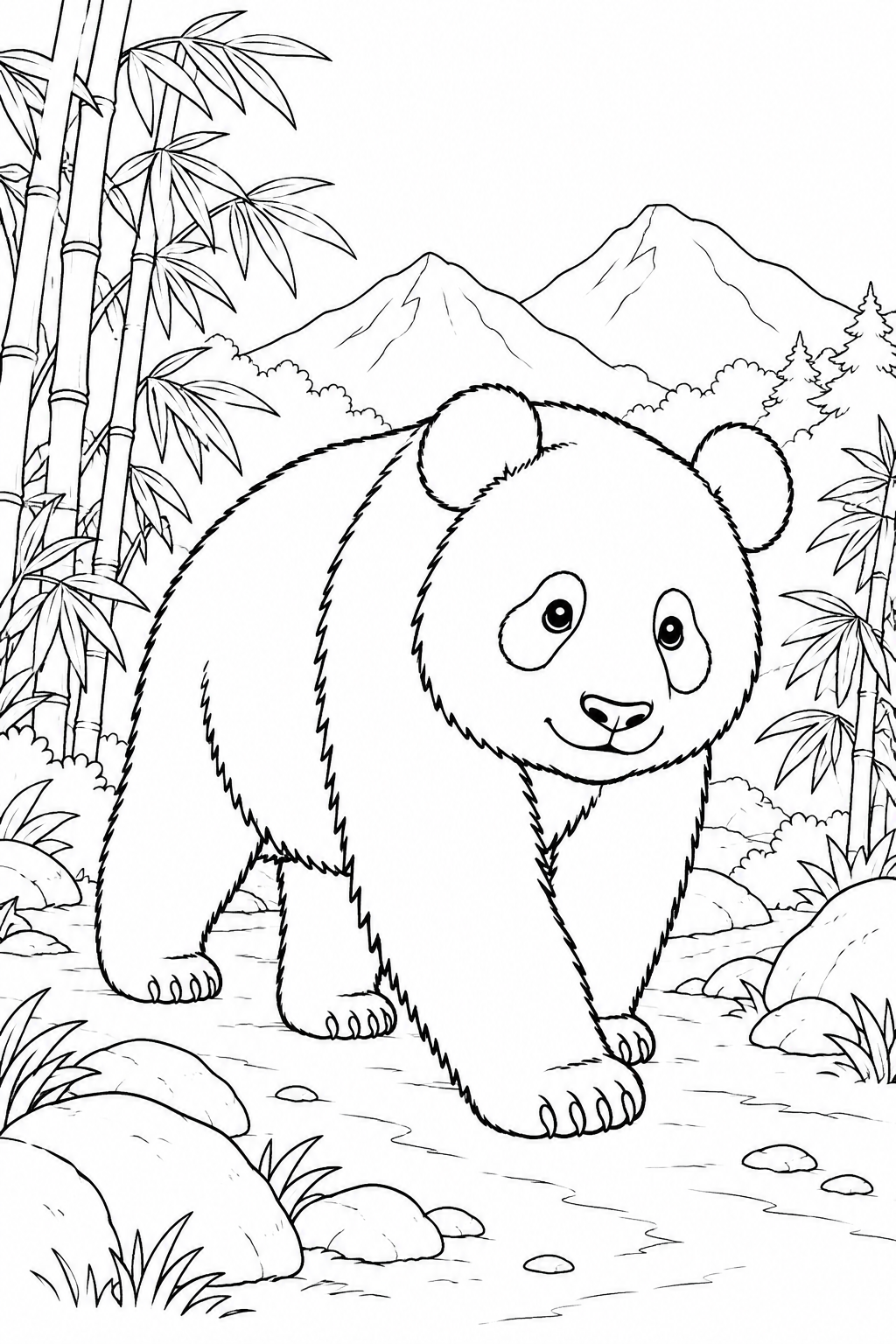 A giant panda walks along a rocky path between bamboo, with mountains in the distance.