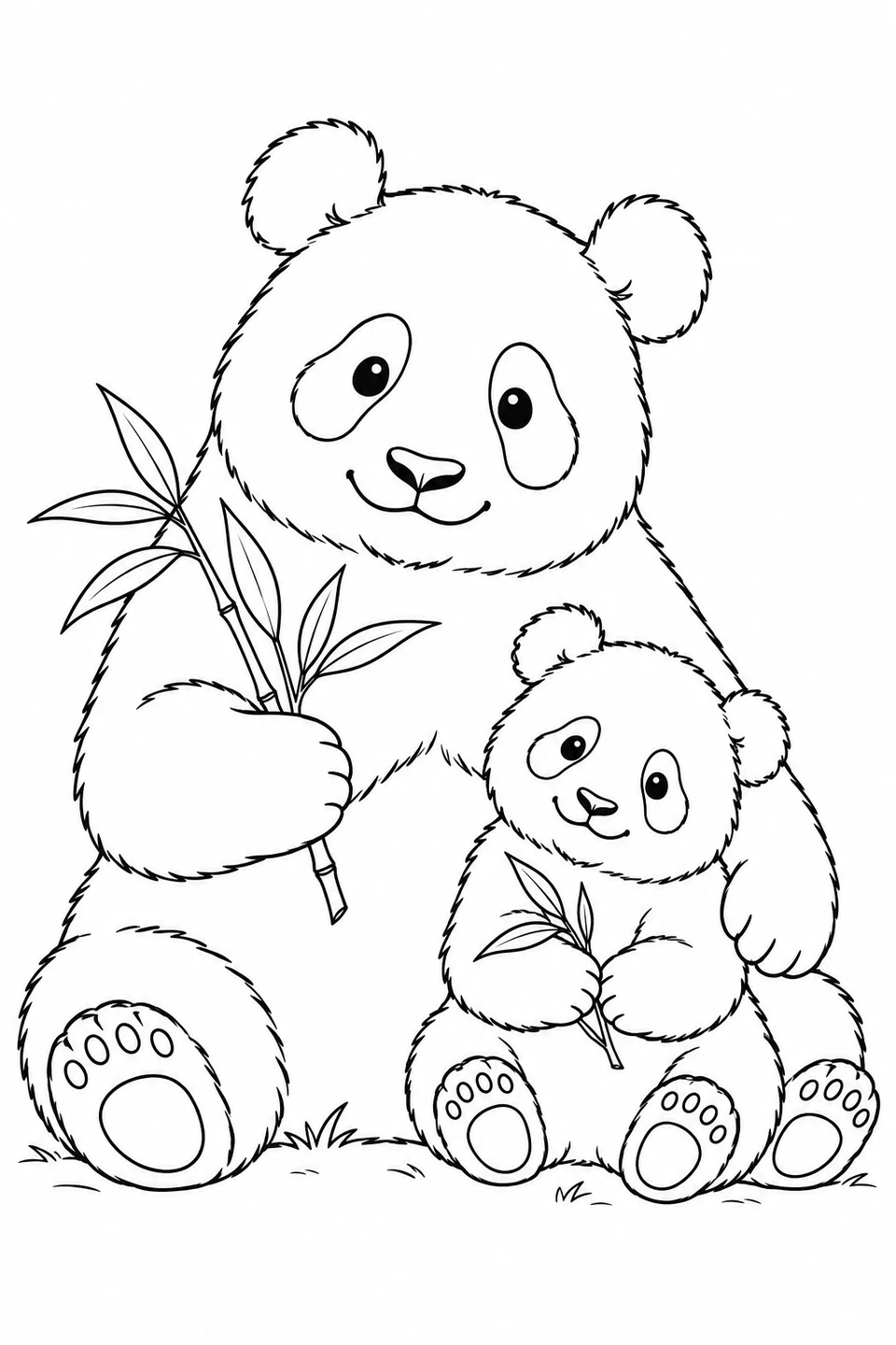 A large panda sits beside a cub, with an arm around it; both hold bamboo.