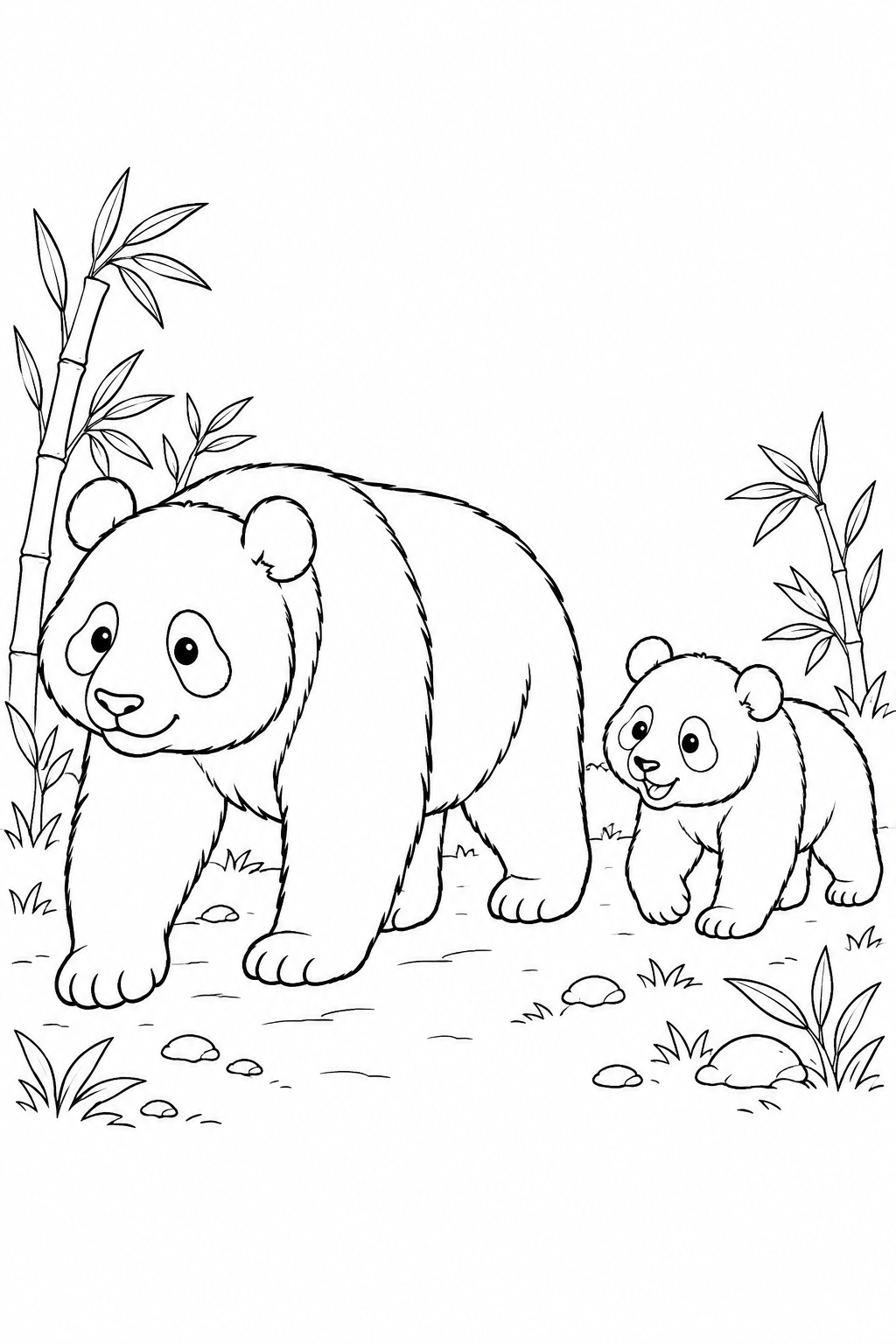 A small panda follows an adult along a path dotted with stones and bamboo.
