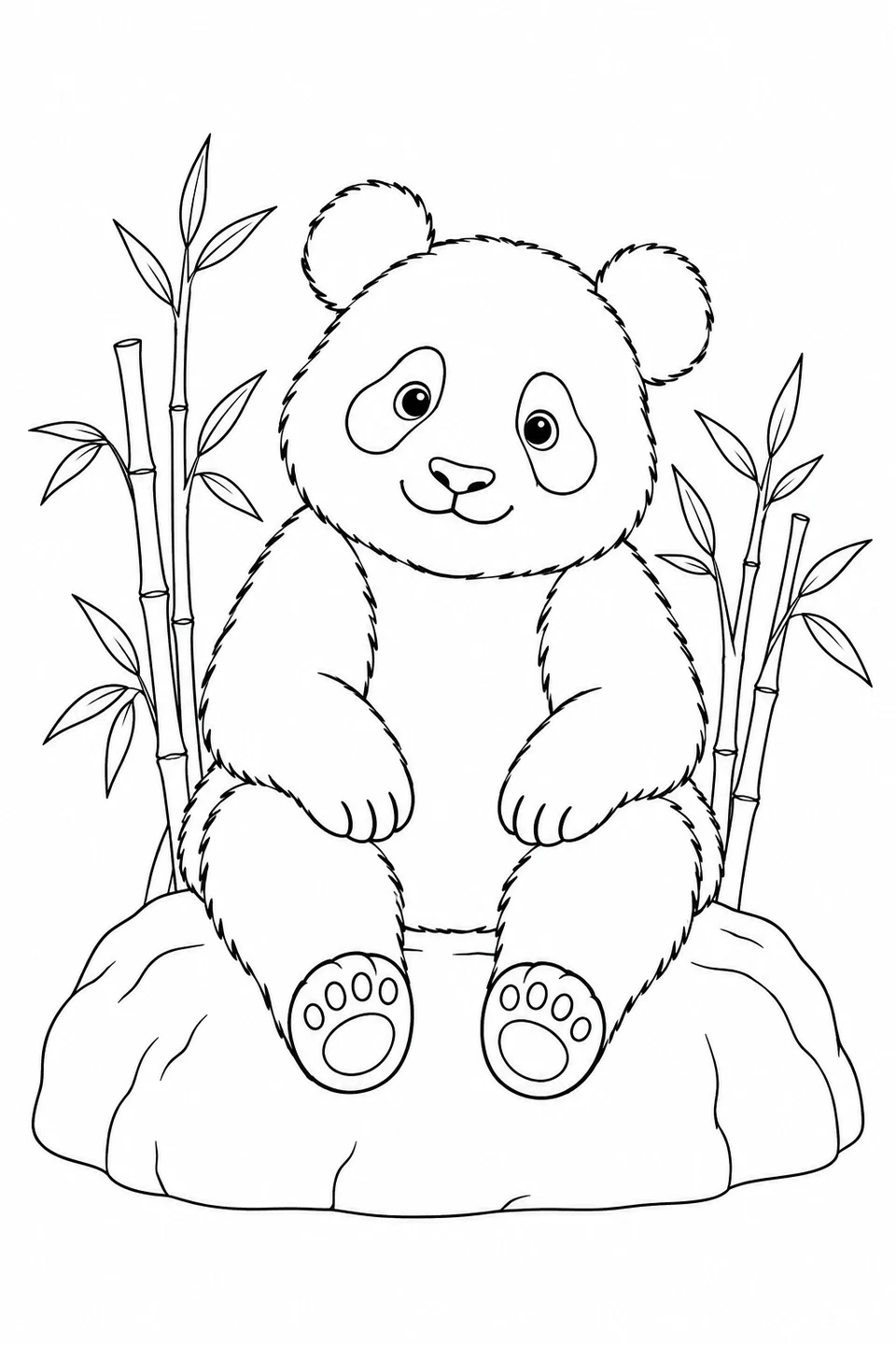 A giant panda sits on a rounded rock with bamboo growing behind it.