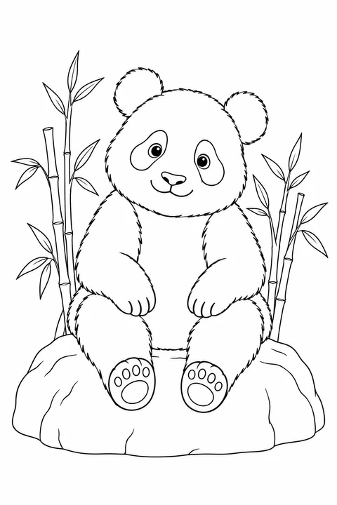 A giant panda sits on a rounded rock with bamboo growing behind it.