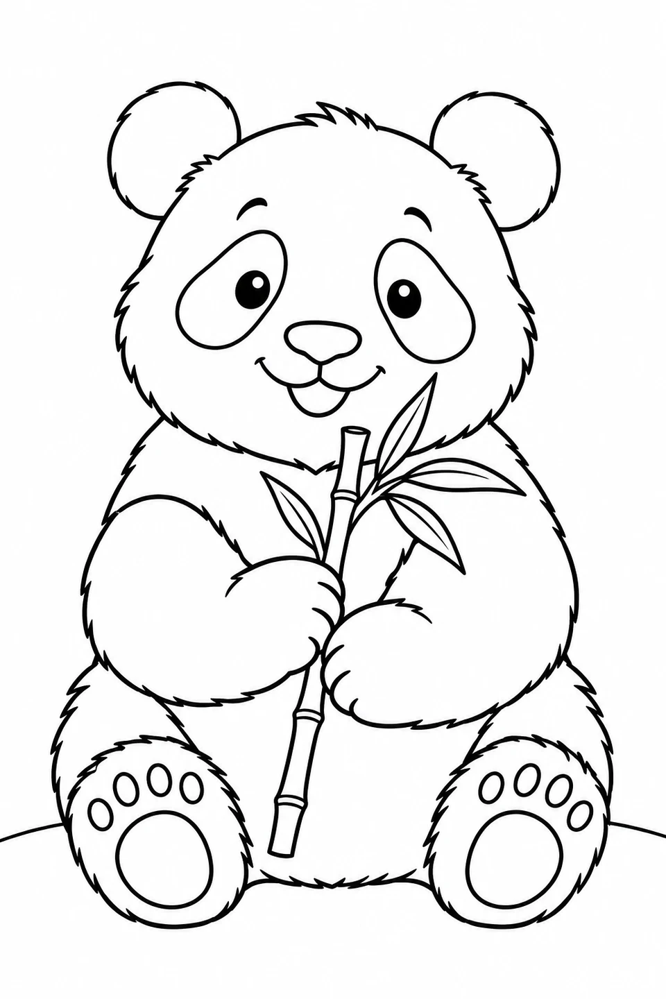 A seated giant panda holds a leafy bamboo stalk between its paws.