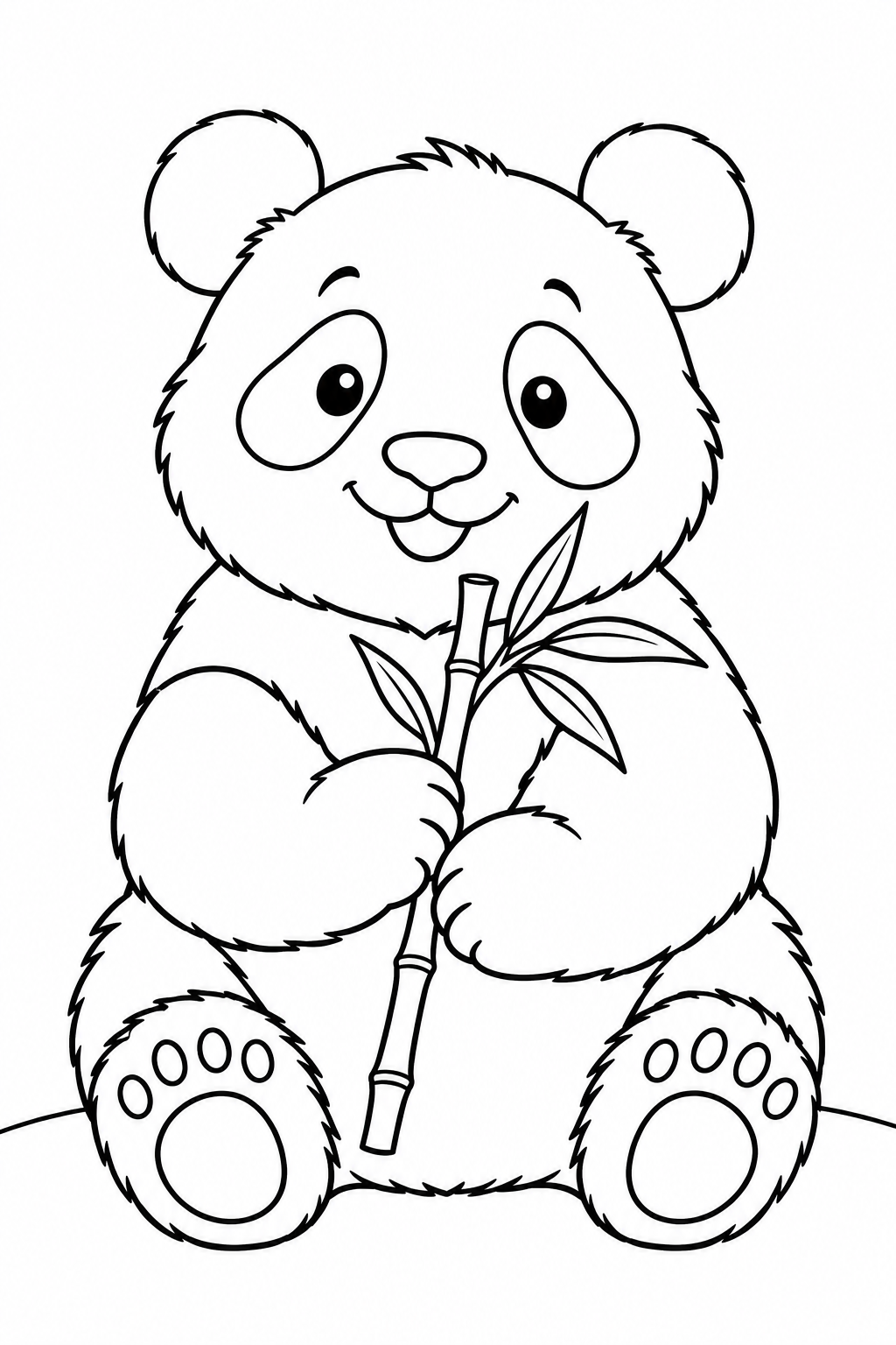 A seated giant panda holds a leafy bamboo stalk between its paws.