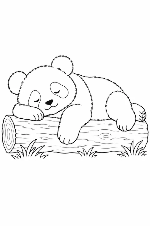 A panda cub sleeps across a fallen log, resting its head on a paw.