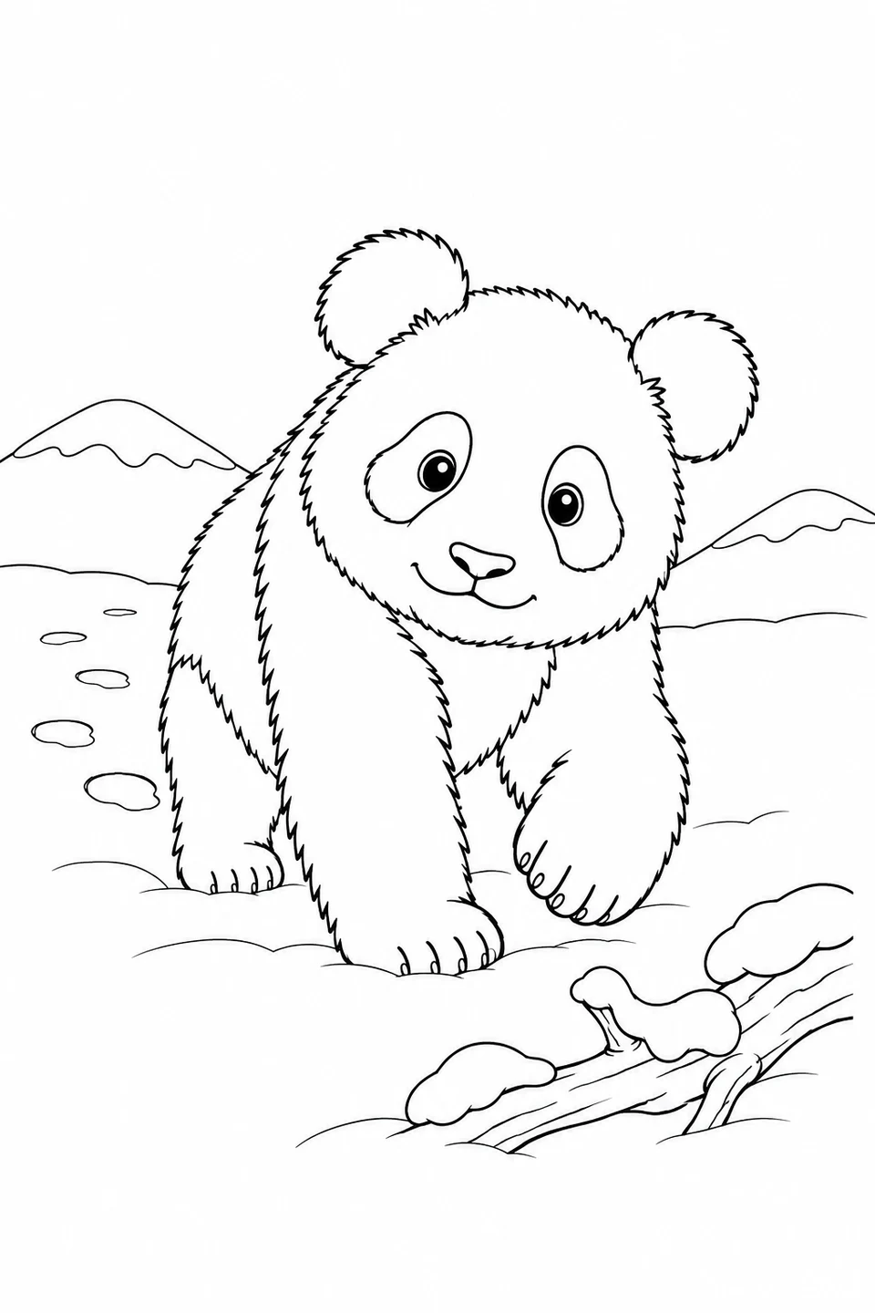 A panda cub steps through snow near a fallen branch, with footprints behind it.