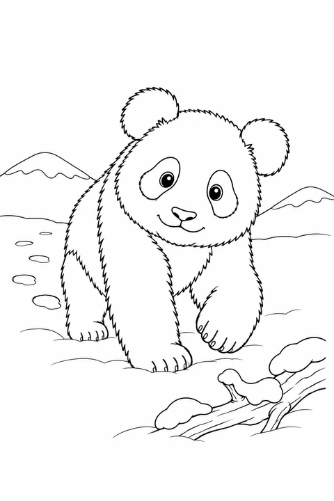 A panda cub steps through snow near a fallen branch, with footprints behind it.