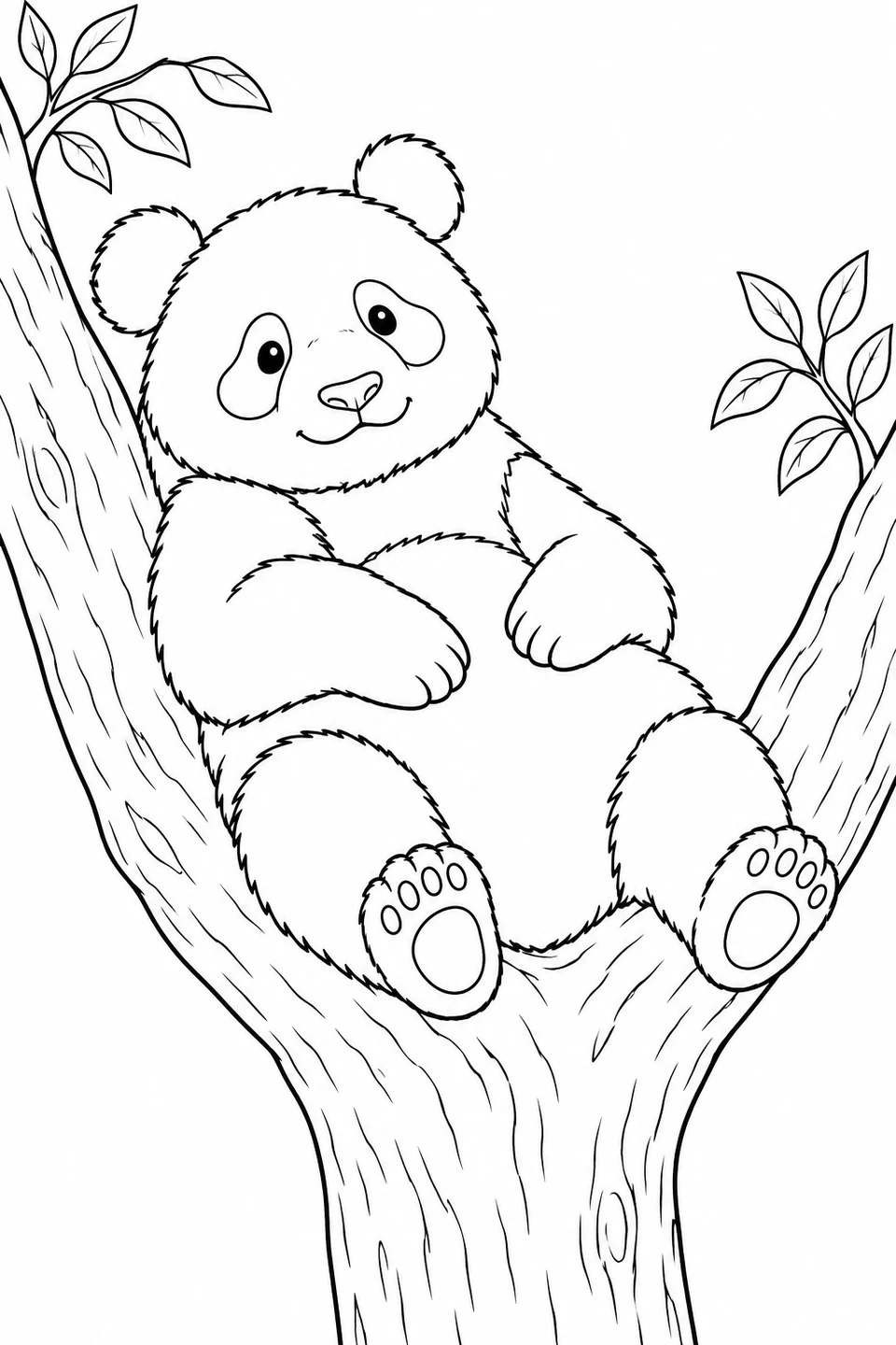 A panda reclines in a broad tree fork with its paws resting on its belly.