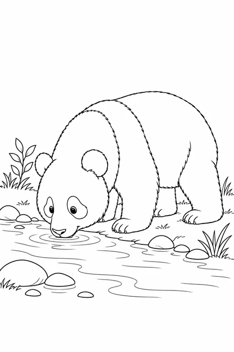 A giant panda lowers its muzzle to a stream beside pebbles and grass.