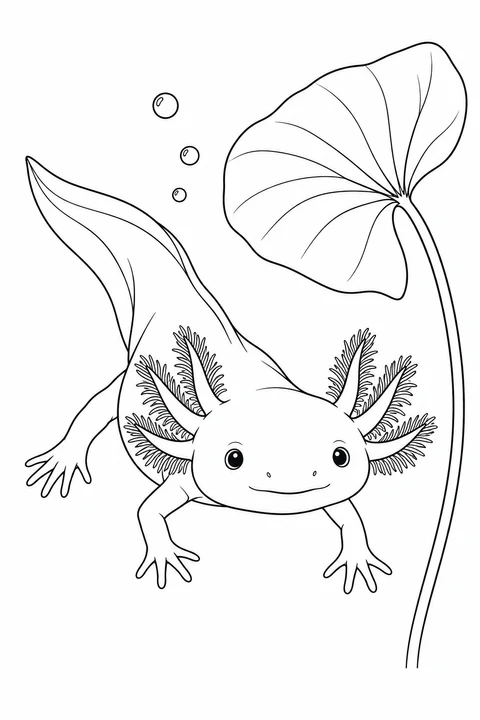 An axolotl floats beside a broad underwater leaf, with feathery gills around its face and its tail extending behind it.
