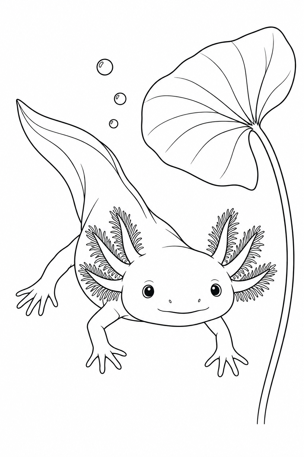 An axolotl floats beside a broad underwater leaf, with feathery gills around its face and its tail extending behind it.