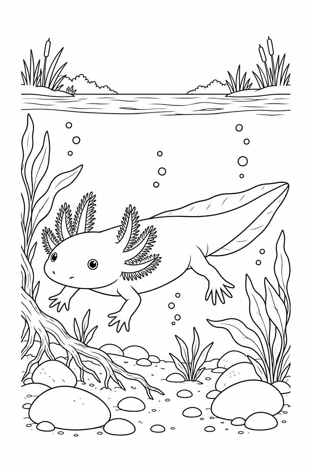 An axolotl swims below the surface of a calm canal, with reeds on the banks and roots, plants and stones underwater.