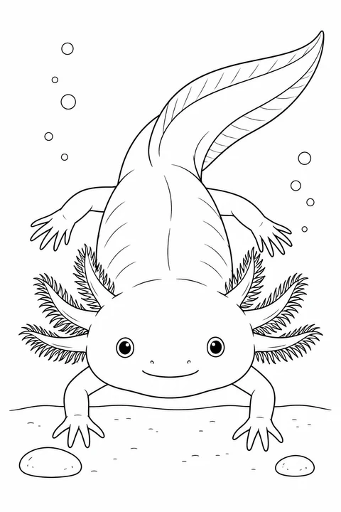 An axolotl faces forward on the lake bottom, with feathery gills, spread feet and a long tail curving behind it.
