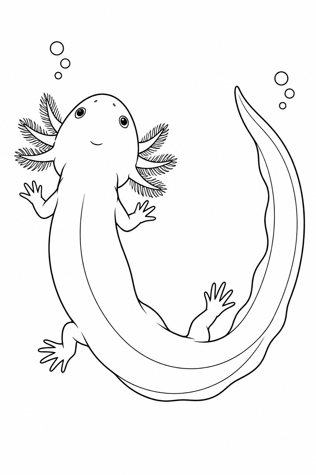 Seen from above, an axolotl curves its body and finned tail into a broad U while swimming among a few bubbles.