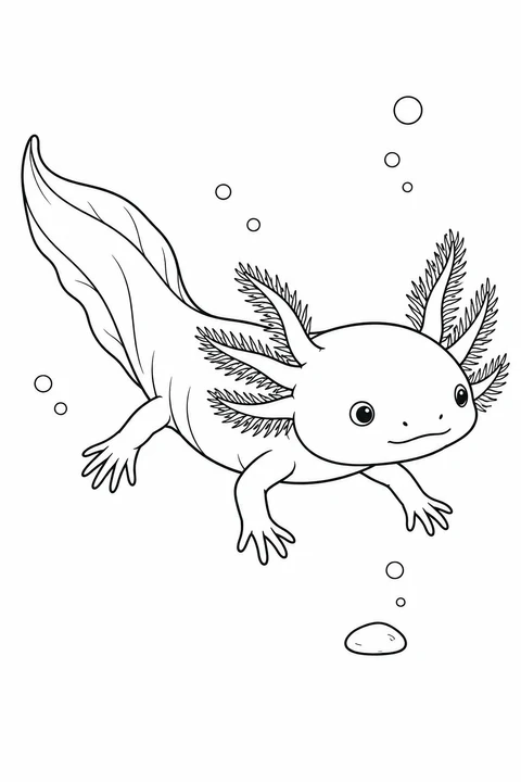 An axolotl with a large head and small body turns toward the viewer, with bubbles and one pebble nearby.