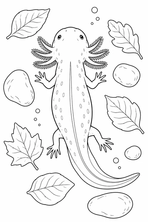 An overhead view shows an axolotl with outlined spots moving among fallen leaves and rounded stones on the lake bottom.