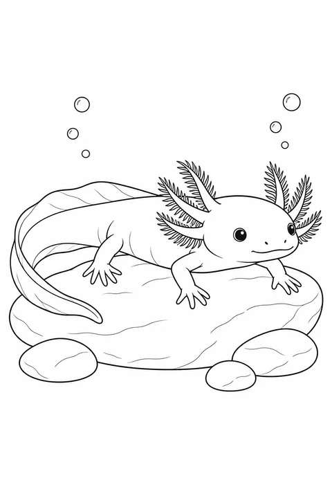An axolotl rests on a broad flat stone, with its tail curled to one side and rounded pebbles nearby.