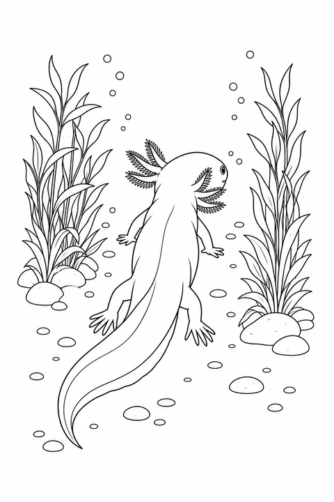 Seen from behind, an axolotl moves between two tall clusters of water plants, its long tail following the clear path.