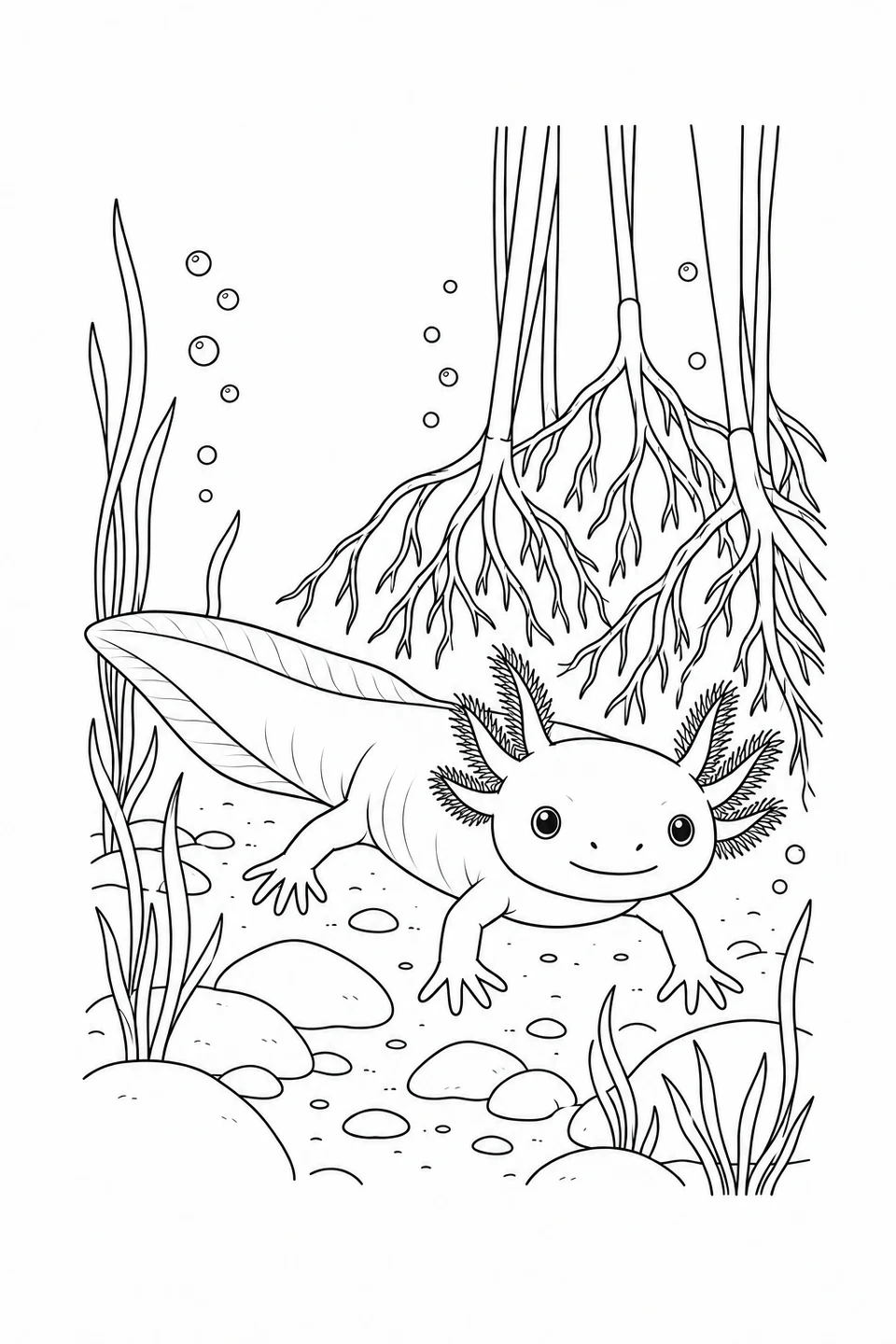 An axolotl explores below branching reed roots, surrounded by water plants and smooth stones.