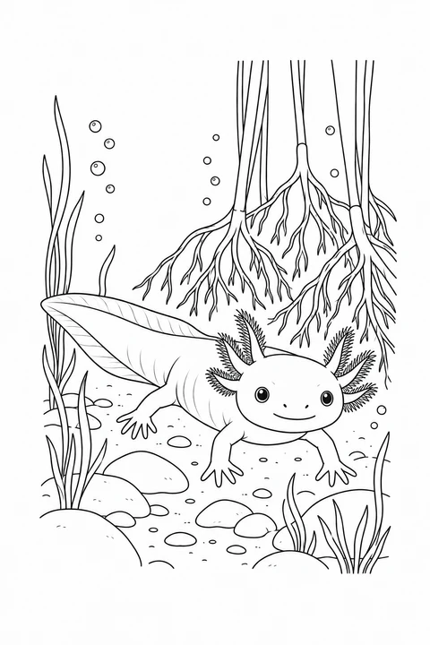 An axolotl explores below branching reed roots, surrounded by water plants and smooth stones.