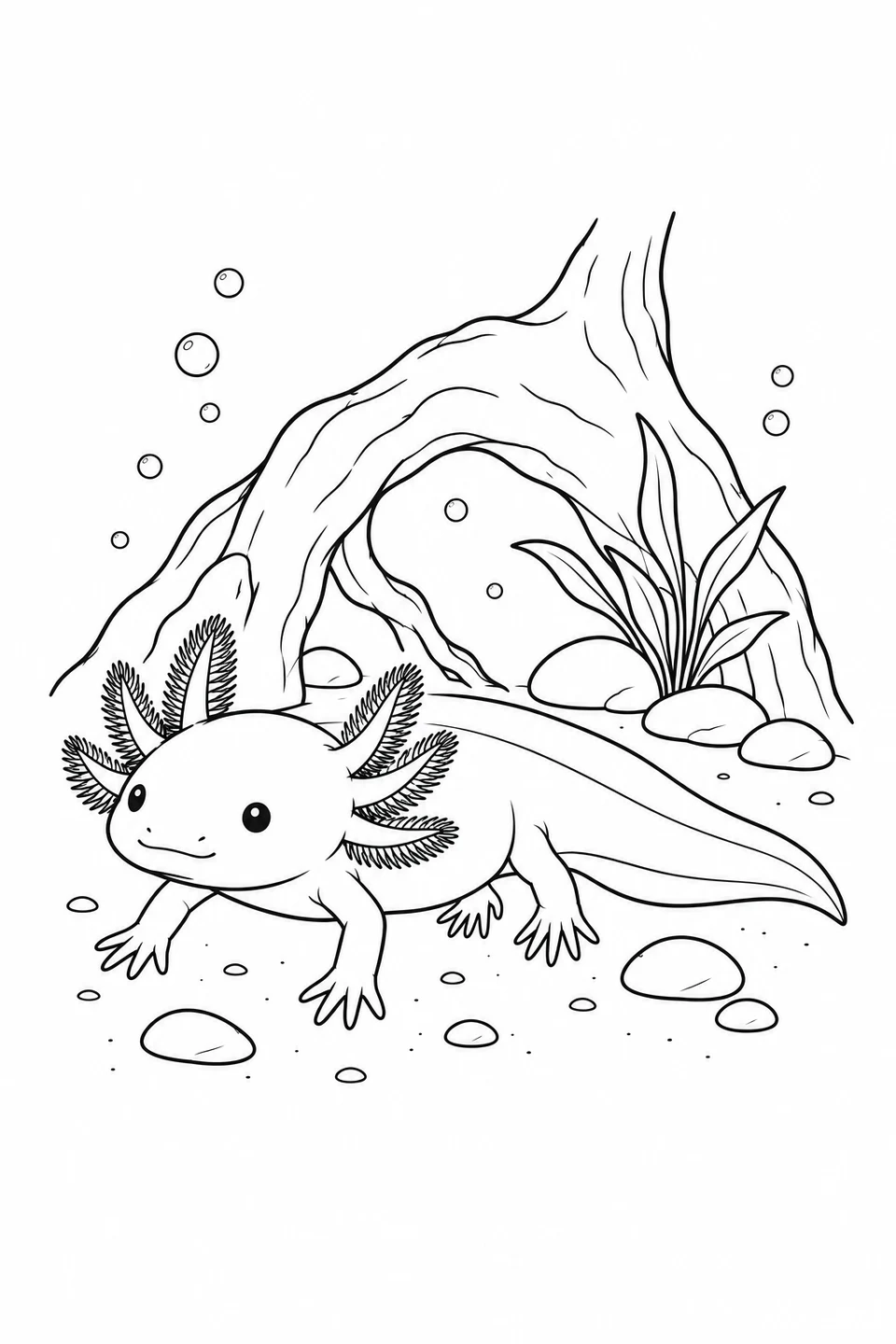 An axolotl stands in front of an arched underwater root, with a small plant and smooth stones behind it.