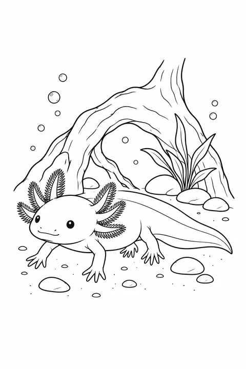 An axolotl stands in front of an arched underwater root, with a small plant and smooth stones behind it.