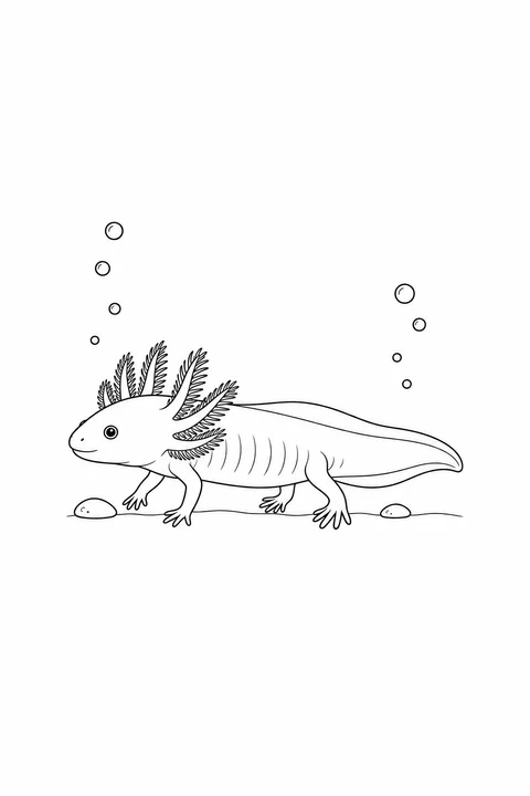 An axolotl walks left in side view, with small feet beneath its long body and a fin along its tapered tail.