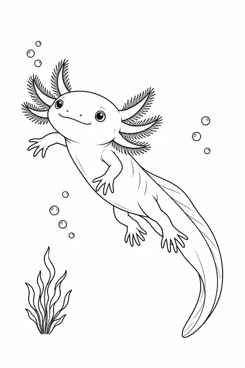 An axolotl swims diagonally upward past bubbles, with its legs spread and its long tail trailing below.
