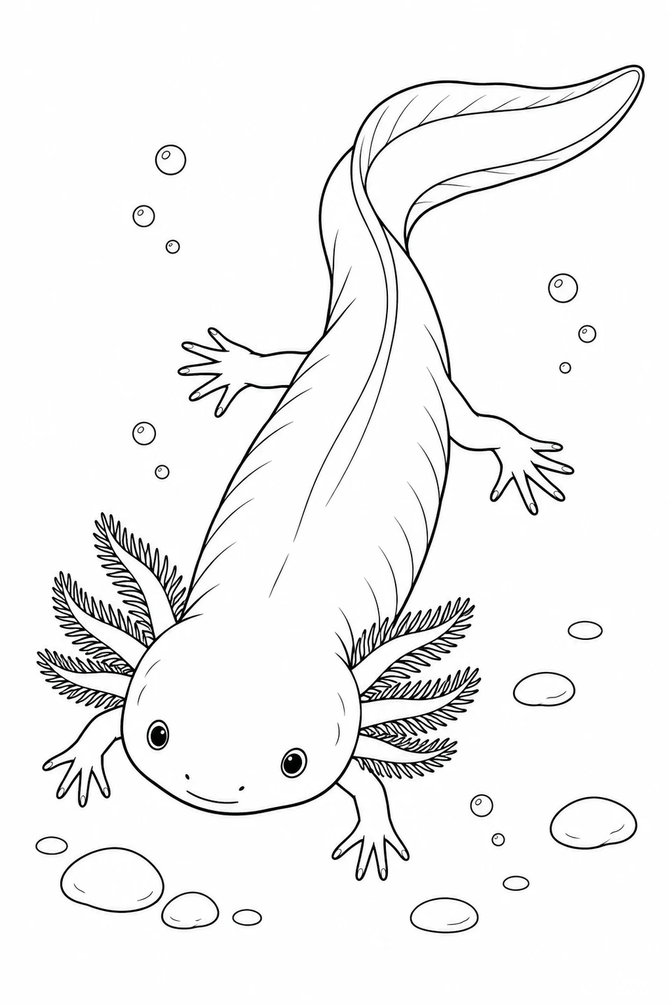 Seen from above, an axolotl spreads its feet beside smooth pebbles while its long finned tail bends gently to one side.
