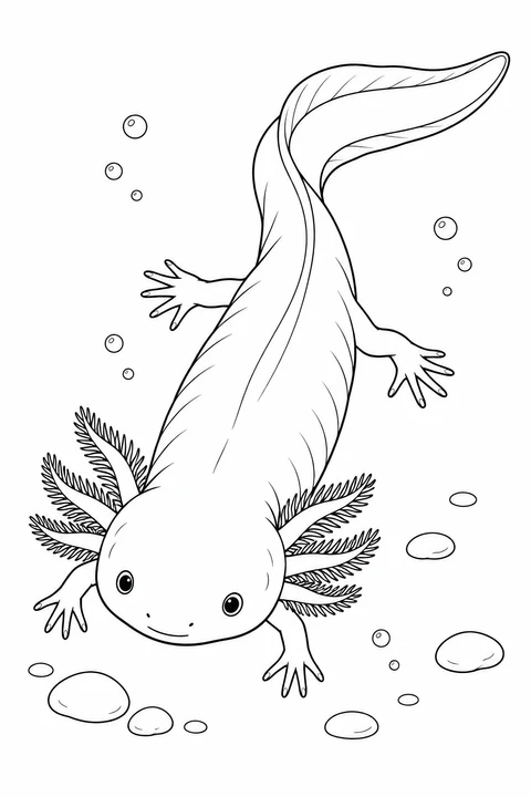 Seen from above, an axolotl spreads its feet beside smooth pebbles while its long finned tail bends gently to one side.
