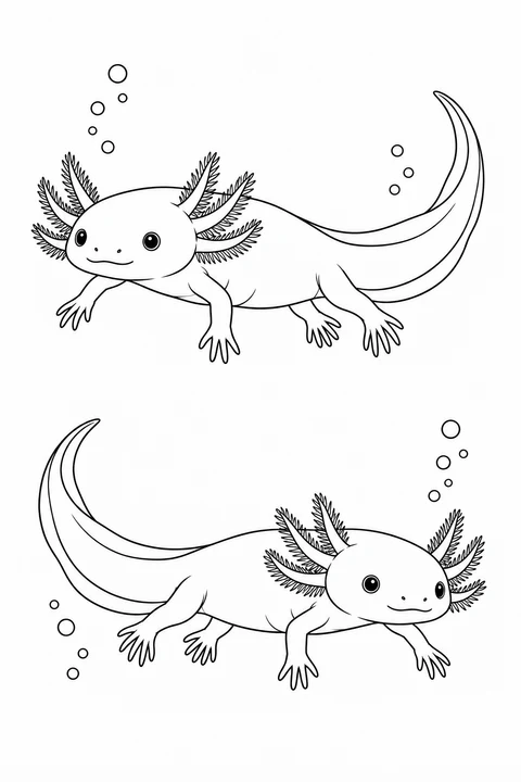 Two axolotls swim in opposite directions, with a wide space between their bodies and bubbles around them.