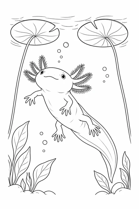 An axolotl swims beneath two floating water-lily pads, between their long stems and lower water plants.