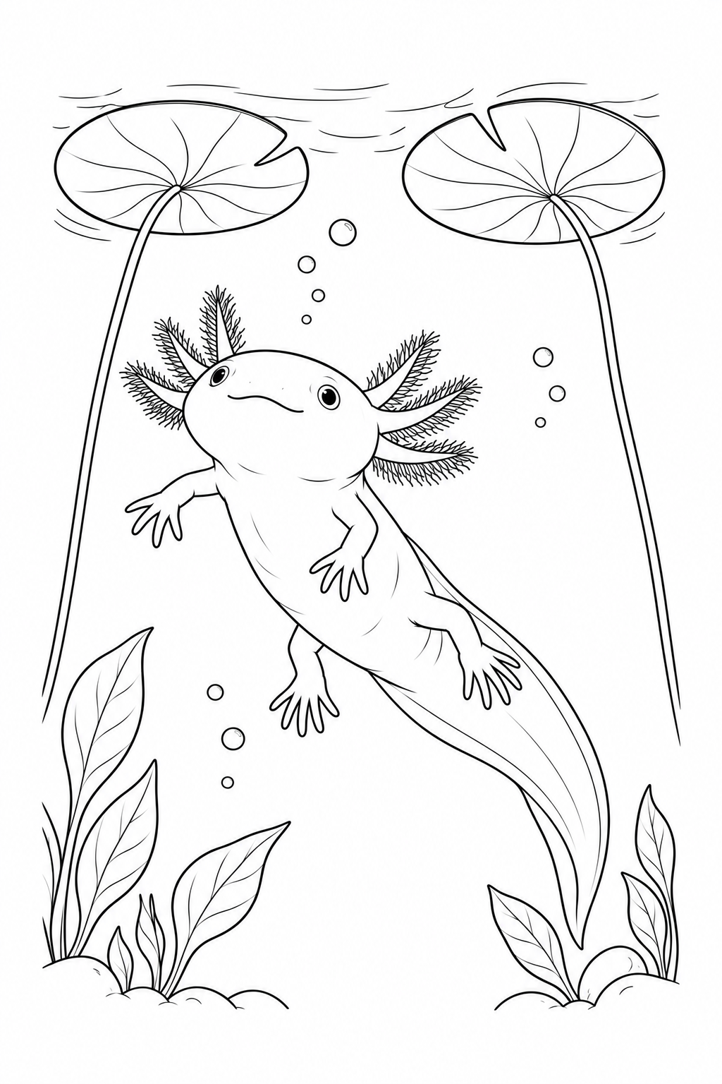 Een axolotl zwemt onder twee drijvende waterleliebladeren, tussen hun lange stengels en andere waterplanten.