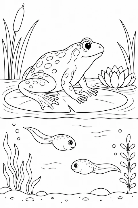 A frog on a lily pad above two tadpoles swimming underwater.