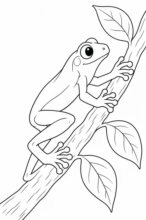 A tree frog climbs a diagonal branch beside three large leaves.