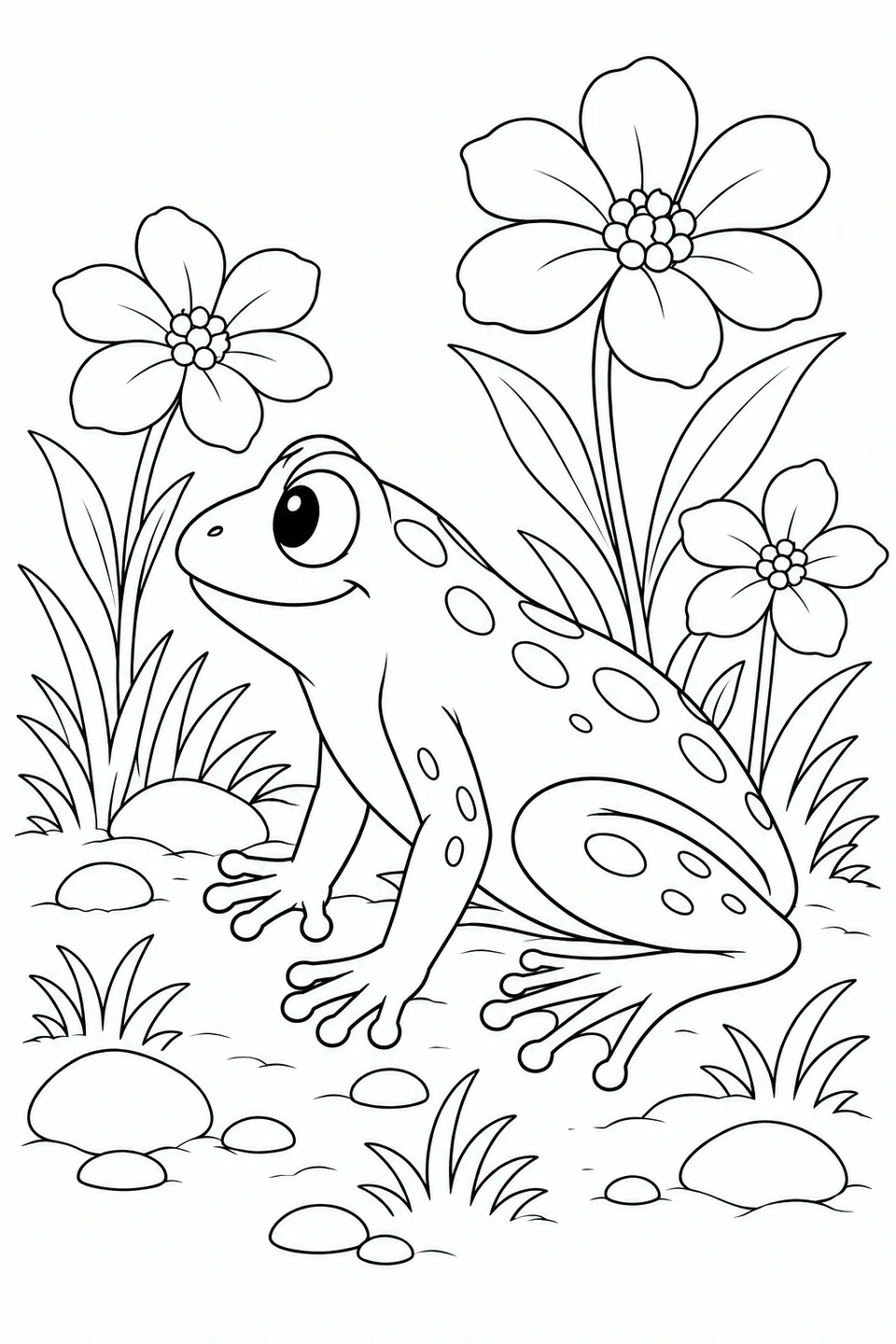 A spotted frog among three flowers, grass and stones.