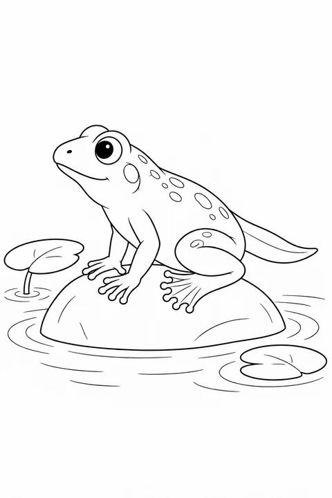 A froglet with a tail on a stone between two lily pads.