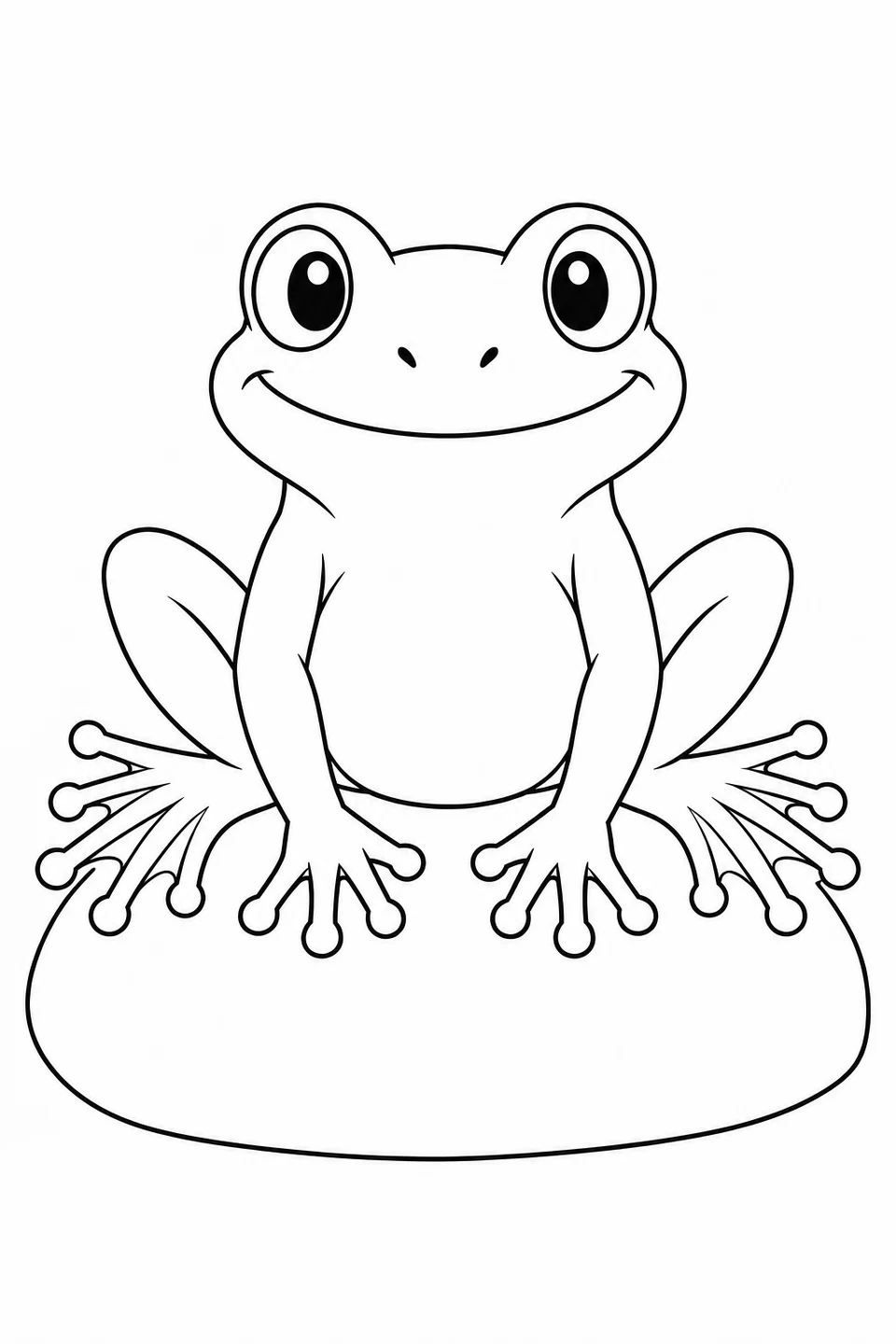 A frog faces forward on a smooth pebble, with wide eyes and spread feet.