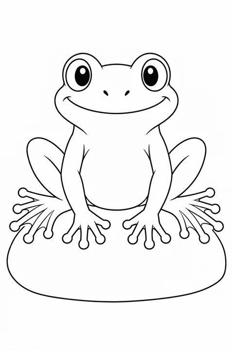 A frog faces forward on a smooth pebble, with wide eyes and spread feet.