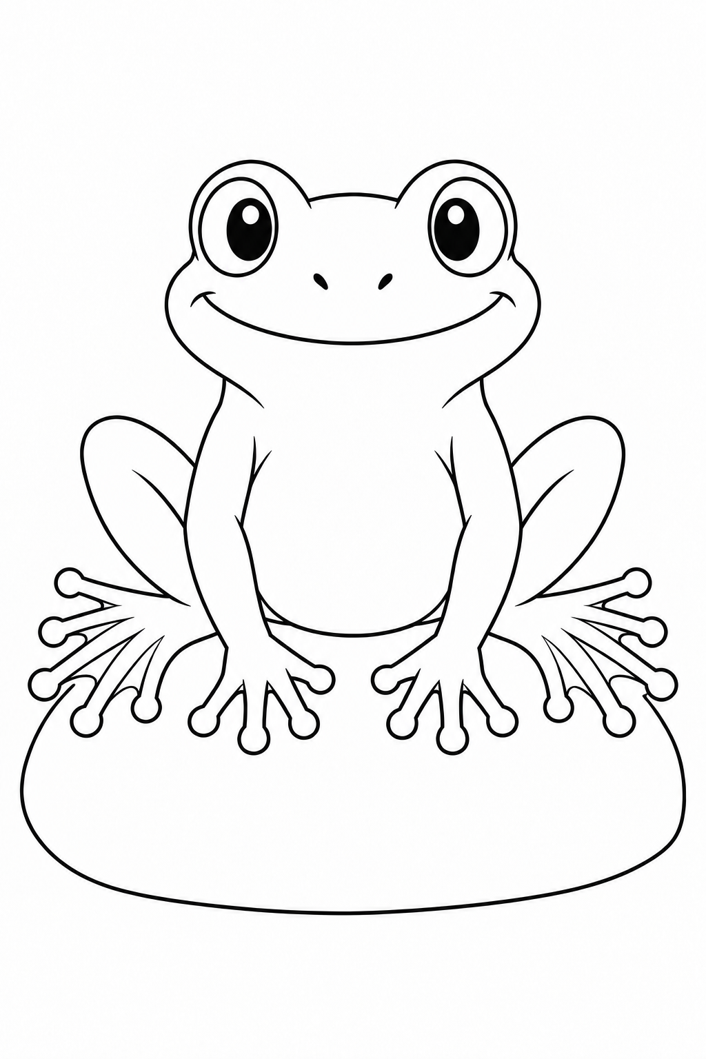 A frog faces forward on a smooth pebble, with wide eyes and spread feet.