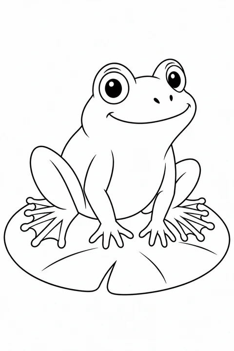 A smiling frog sits on a broad lily pad with its hind legs folded beside its body.