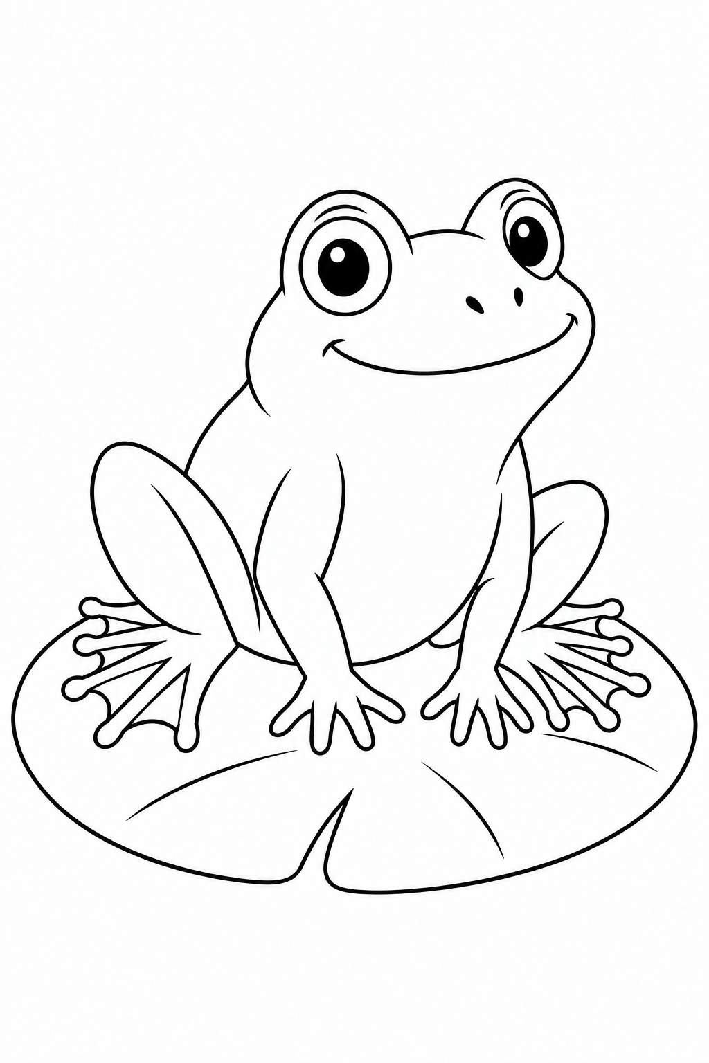 A smiling frog sits on a broad lily pad with its hind legs folded beside its body.
