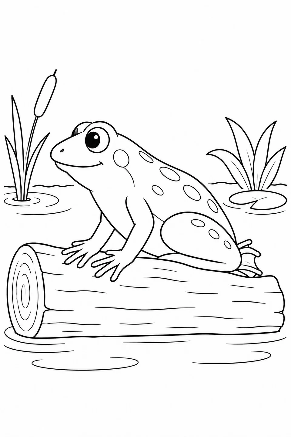 A frog rests on a fallen log surrounded by pond ripples and plants.