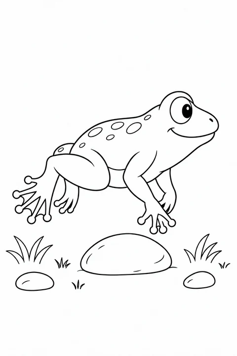 A frog makes a short hop over a smooth pebble, with grass and smaller stones nearby.