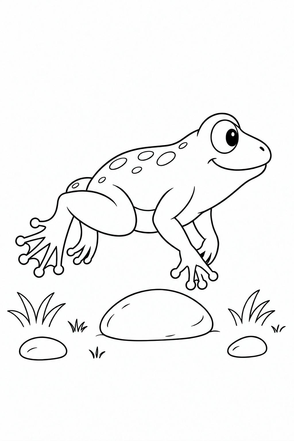 A frog makes a short hop over a smooth pebble, with grass and smaller stones nearby.