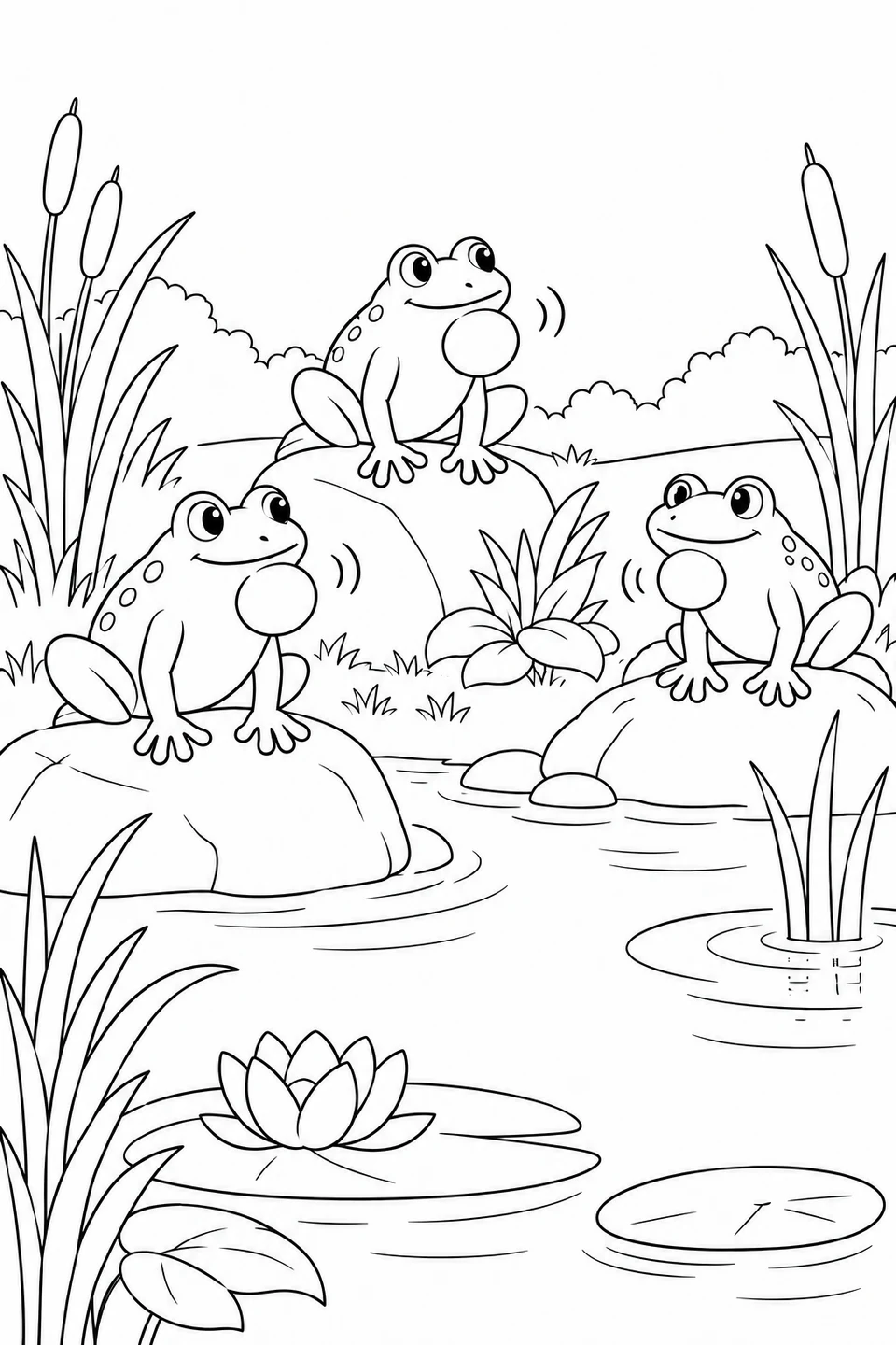 Three frogs with round throat sacs sit on separate rocks, with curved sound marks nearby.