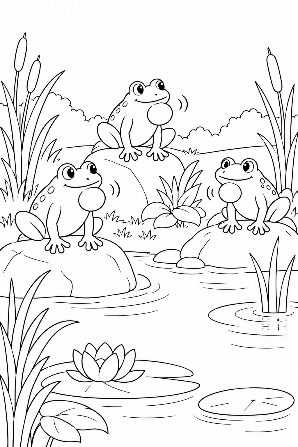 Three frogs with round throat sacs sit on separate rocks, with curved sound marks nearby.