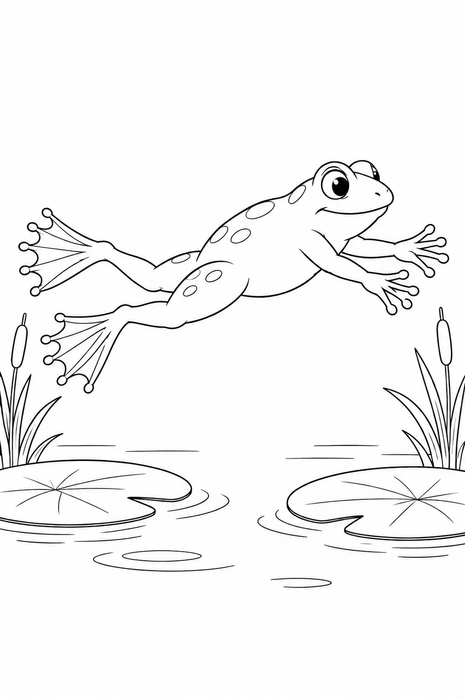 A frog stretches its legs in a long leap between two lily pads.