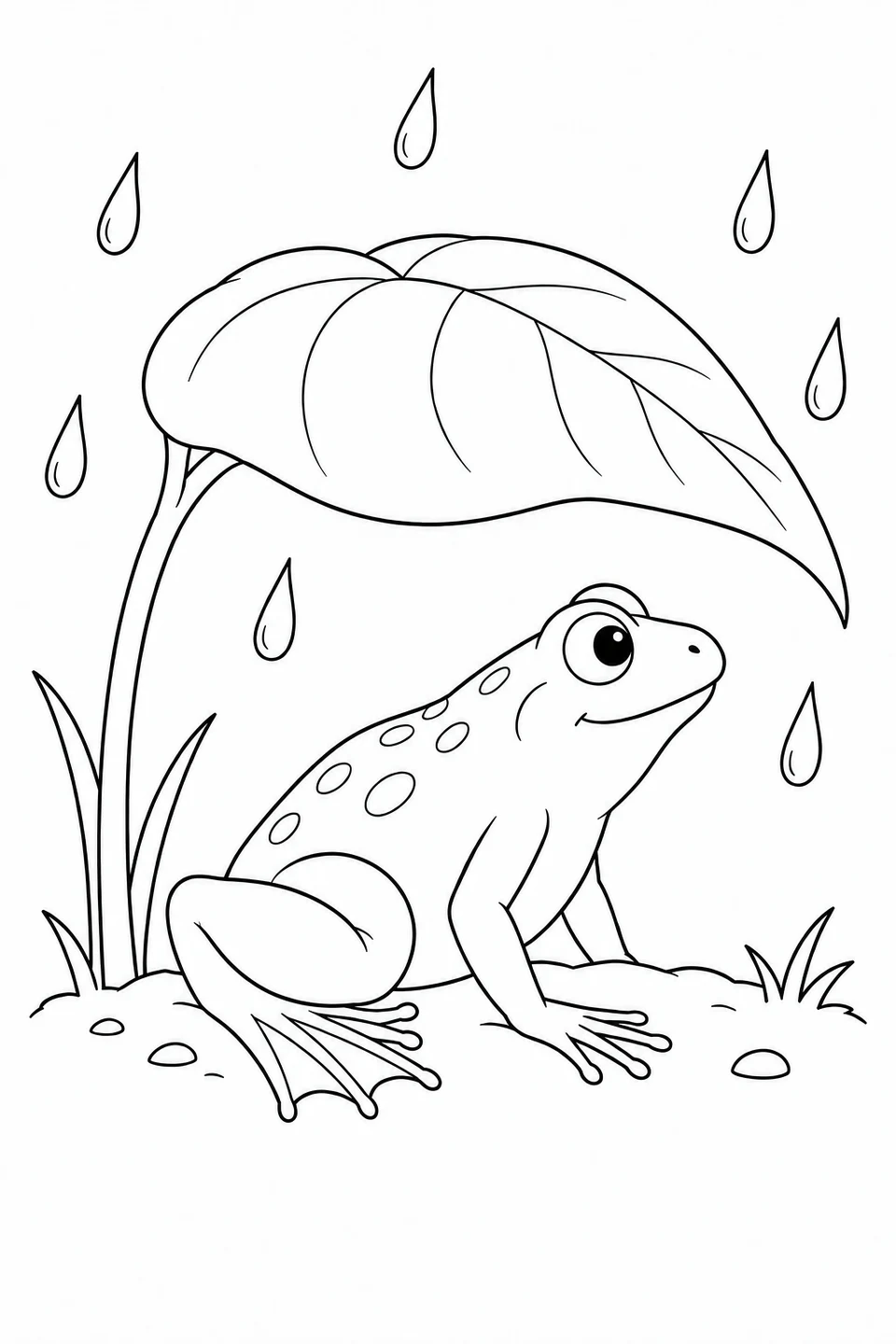 A frog sits beneath an arching leaf while raindrops fall around it.
